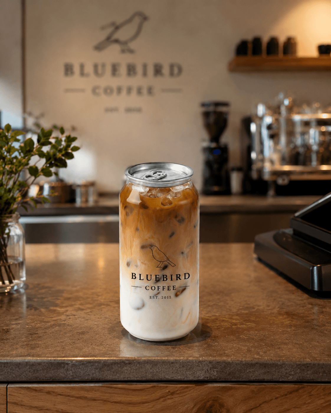 A clear can with the Bluebird Coffee logo, sitting on a cafe counter