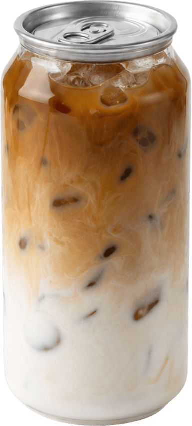 A real iced latte, sealed in a clear can