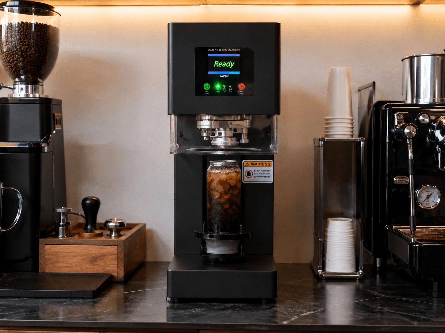 The Canned seamer on a cafe counter, sealing a fresh can